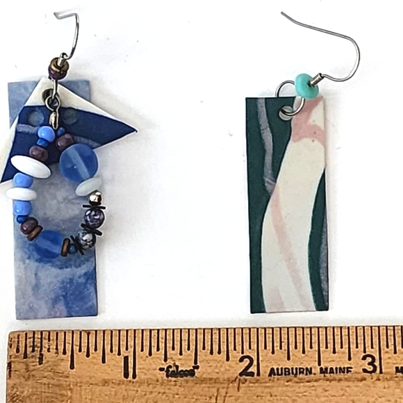 2 Pair FIMO Clay Abstract Earrings Blue Green Vintage Bundle - Picture 8 of 9